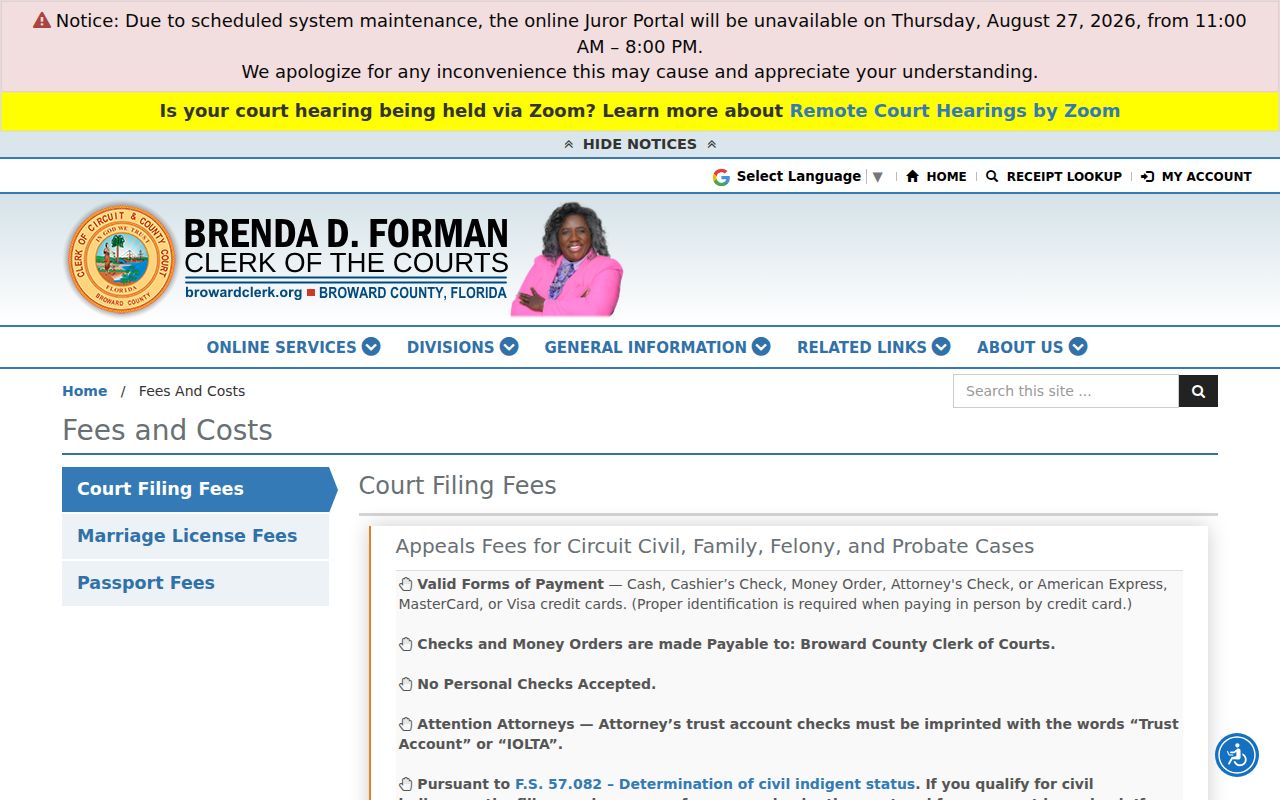 Pompano Beach resident lookup Clerk copy and certification fees
