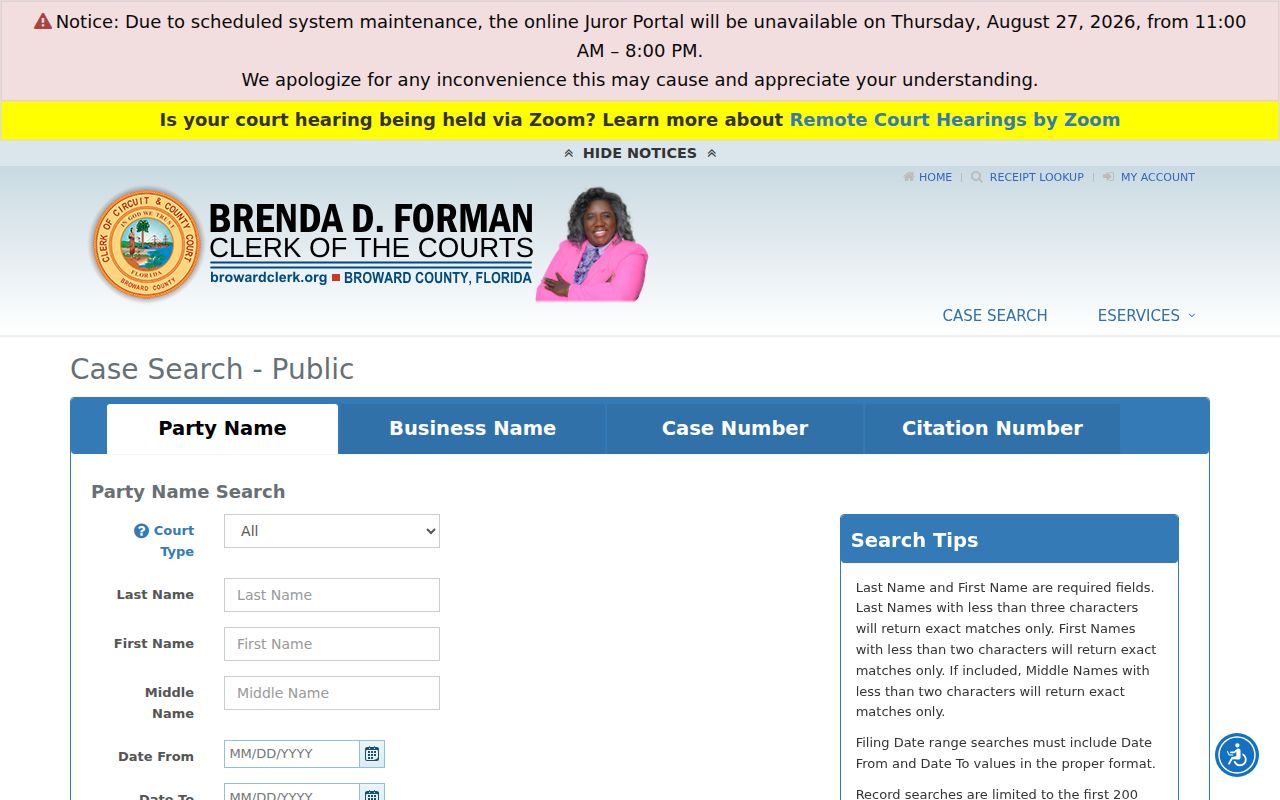 Pompano Beach resident lookup on Broward court party search